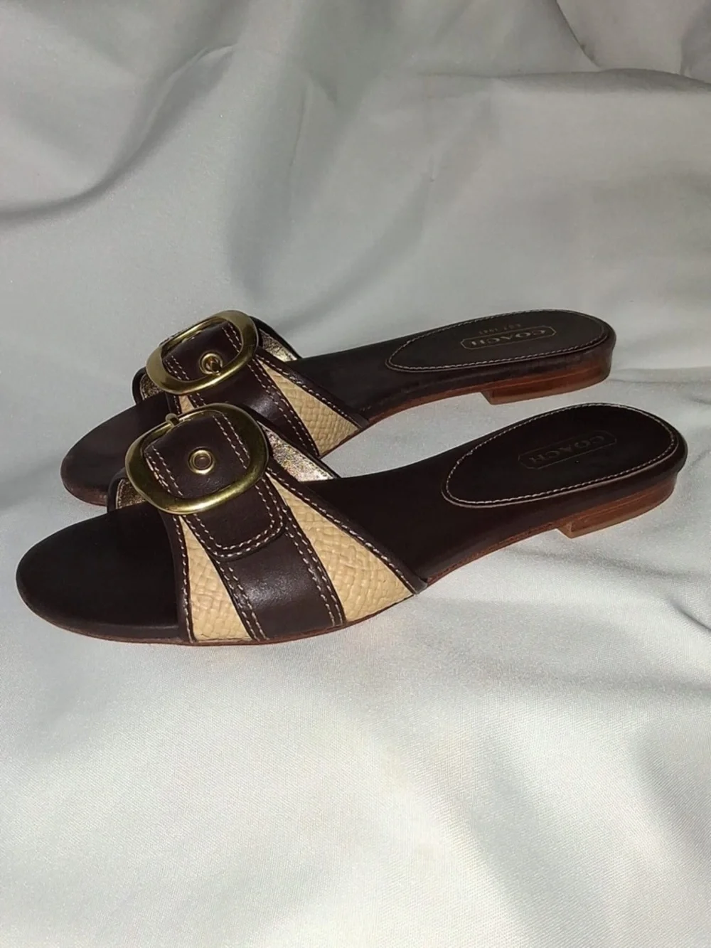 COACH Brown & Beige Leather Buckle Woven Flat Slide Sandals Size: 8.5